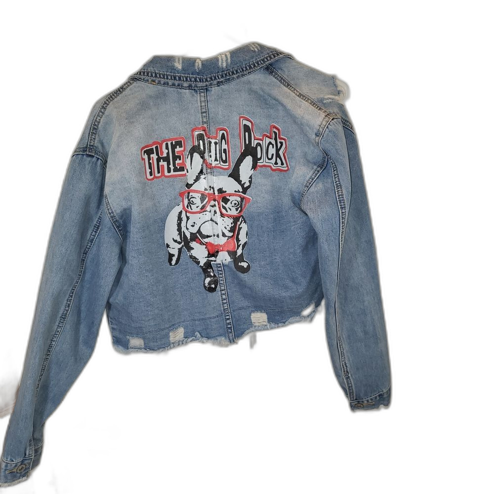 Distressed Blue Denim Jacket with Pug Rock Graphic - Med